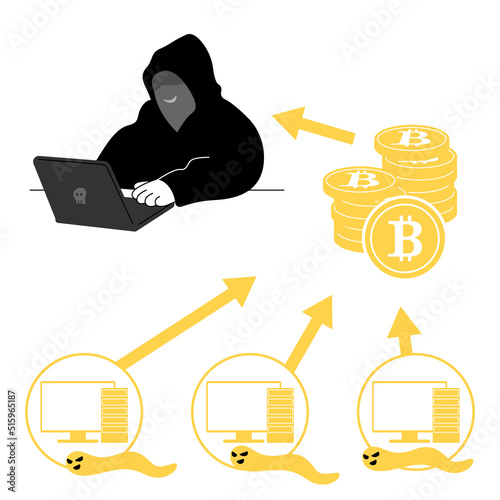 Vector illustration of a hacker who gets a virtual currency by invading a computer with a worm.