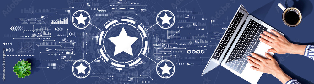 Rating star concept with person using a laptop computer Rating star concept with person using a laptop computer