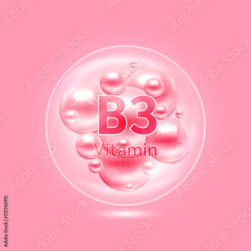 Vitamin B3 complex inside translucent air bubbles. Hyaluronic acid skin collagen serum. Beauty treatment nutrition skin care design. Medical scientific concepts. Isolated on pink background. Vector.