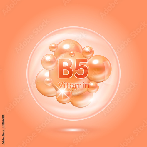 Vitamin B5 complex inside translucent air bubbles. Hyaluronic acid skin collagen serum. Beauty treatment nutrition skin care design. Medical scientific concepts. Isolated on orange background. Vector.