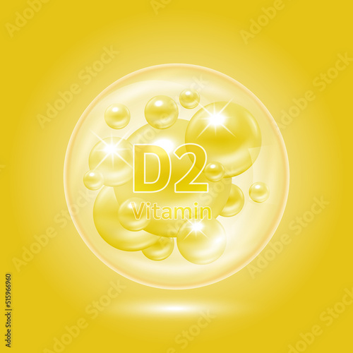 Vitamin D2 complex inside translucent air bubbles. Hyaluronic acid skin collagen serum. Beauty treatment nutrition skin care design. Medical scientific concepts. Isolated on yellow background. Vector.