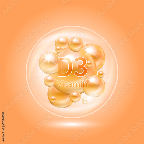 Vitamin D3 complex inside translucent air bubbles. Hyaluronic acid skin collagen serum. Beauty treatment nutrition skin care design. Medical scientific concepts. Isolated on orange background. Vector.