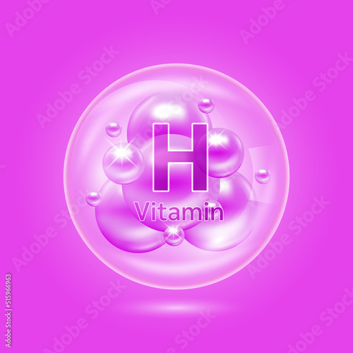 Vitamin H complex inside translucent air bubbles. Hyaluronic acid skin collagen serum. Beauty treatment nutrition skin care design. Medical scientific concepts. Isolated on purple background. Vector.
