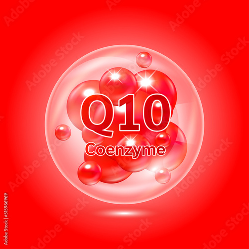 Coenzyme Q10 complex inside translucent air bubbles. Hyaluronic acid skin collagen serum. Beauty treatment nutrition skin care design. Medical scientific concepts. Isolated on red background. Vector.