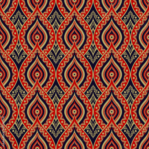 Vector ethnic red-gold color Indian flower style seamless pattern background. Use for fabric, textile, interior decoration elements, upholstery, wrapping.