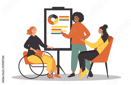 vector hand drawn illustration on the theme of office, teamwork. women of different races are present the company's development strategy.
trend illustration in flat style