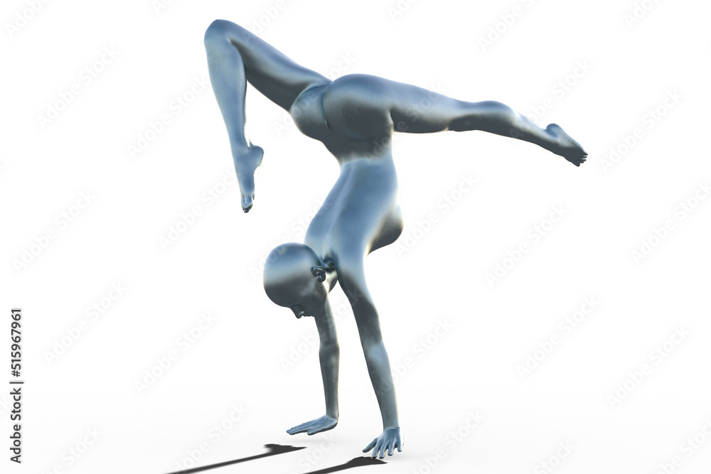 3D render of a silver bald female gymnast on a white background doing a handstand. 3D render of a silver bald female gymnast on a white background doing a handstand.