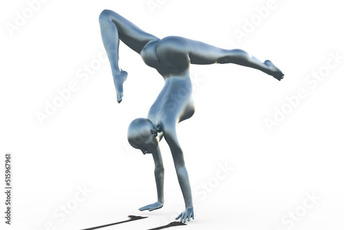 3D render of a silver bald female gymnast on a white background doing a handstand. 