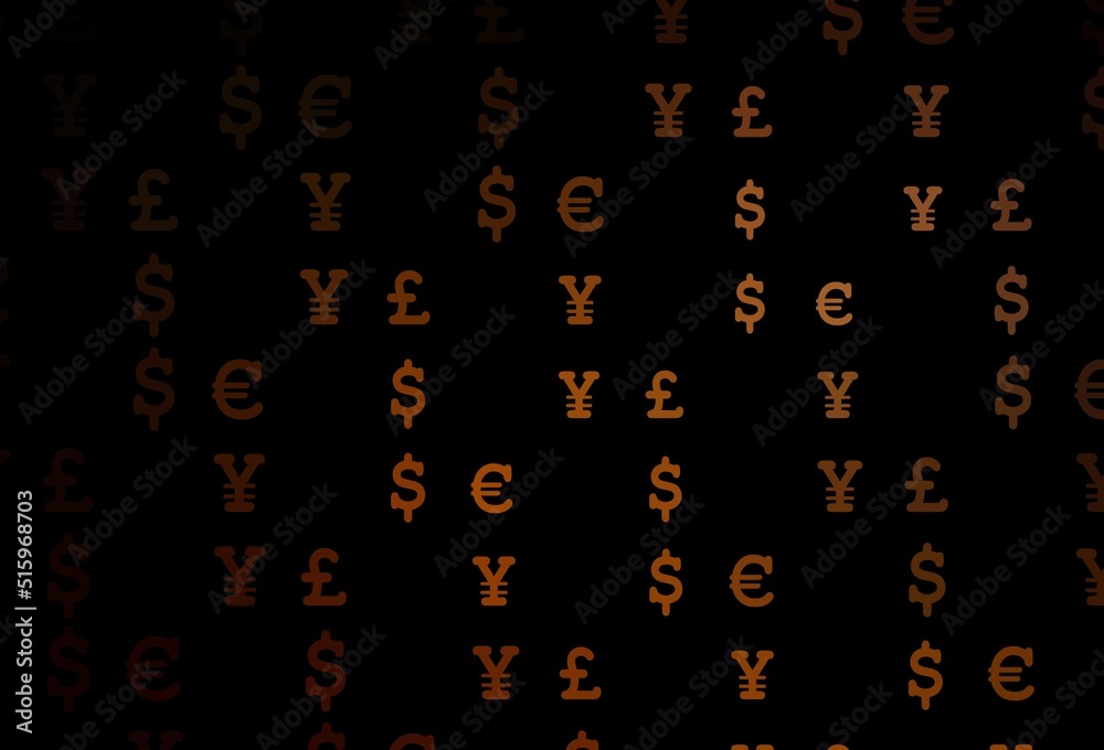 Dark orange vector template with EUR, USD, GBP, JPY.