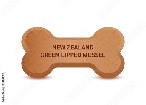 Bone shaped dry food for cats and dogs with New Zealand Green Lipped Mussel dietary supplement bones canine arthritis osteoarthritis. Can use advertising pet food. On a white background vector 3D.