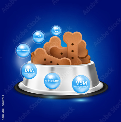 Bone shaped dry food in bowl for dogs cats with Omega, Zinc, Manganese, Glucosamine, Methyl Sulphonyl Methane. Dietary supplement bone, Canine arthritis. Vector 3D. Use for advertising pet food.