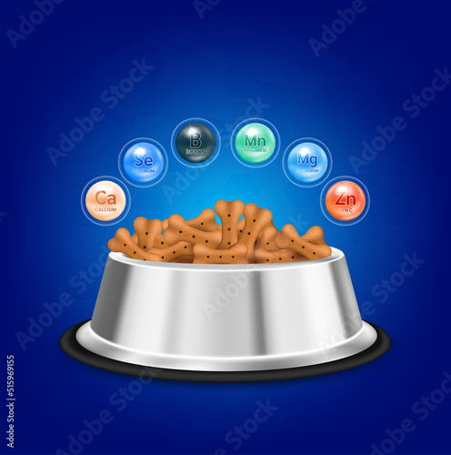Bone shaped dry food in bowl for dogs cats with Calcium, Zinc, Magnesium, Manganese, Selenium and Boron. Dietary supplement bone, Canine arthritis. Vector 3D. Use for advertising pet food.