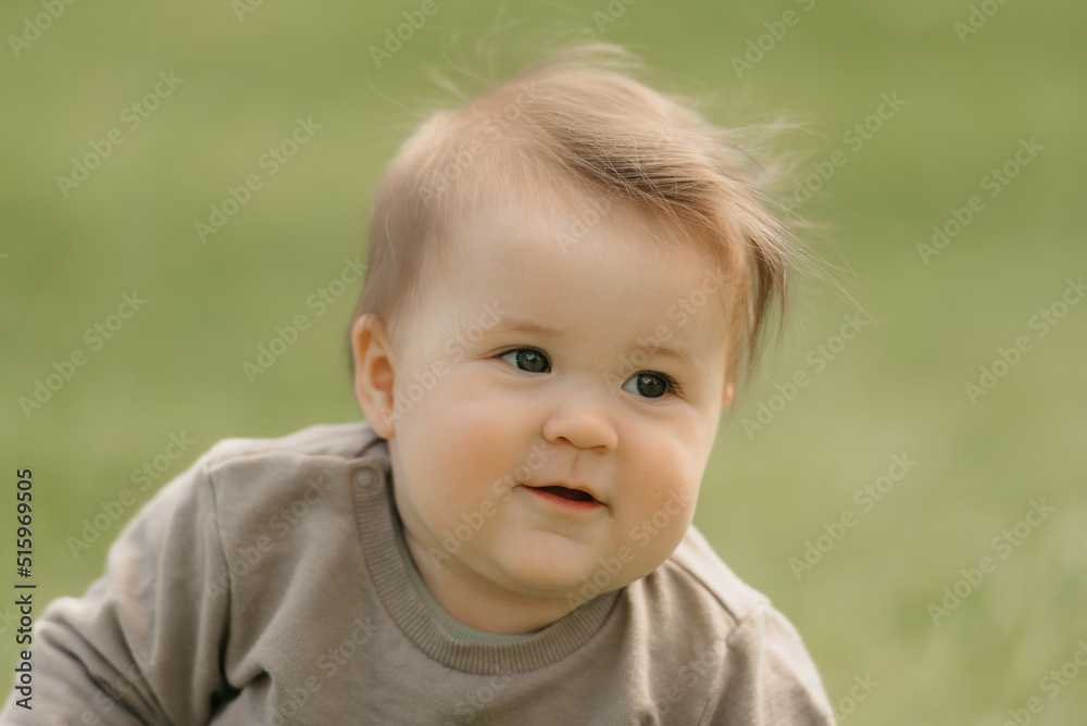 A close portrait of a kind 7-month child who is playing in the meadow. An infant girl is crawling on the grass. A close portrait of a kind 7-month child who is playing in the meadow. An infant girl is crawling on the grass.