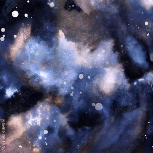 Abstract background from stains and streaks of paint. Universe, space. Digital art with mixed media texture - watercolour, gouache. Backdrop for packaging, scrapbooking, textiles, decoupage paper.