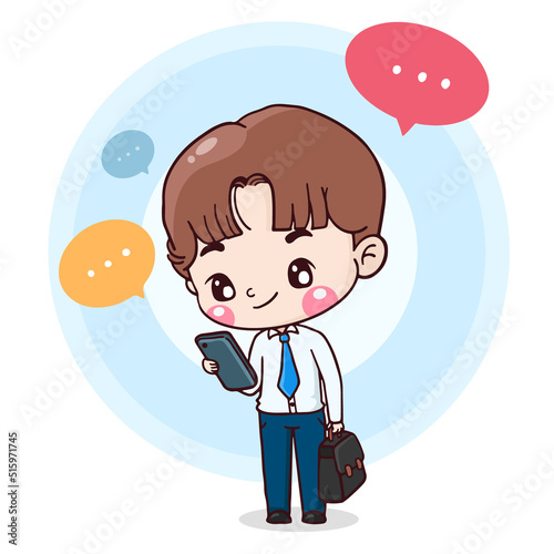cartoon character business man use mobile phone flat illustration vector