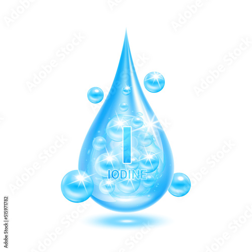 Minerals iodine water drop blue and vitamins complex. Scientific medical and dietary supplement health care concept. Isolated on white background. Realistic 3D vector EPS10