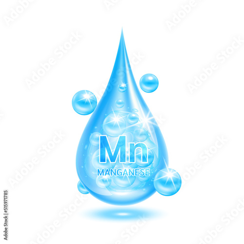 Minerals manganese water drop blue and vitamins complex. Scientific medical and dietary supplement health care concept. Isolated on white background. Realistic 3D vector EPS10