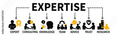 Expertise Banner Vector Illustration Concept with Intern Consulting Expert Knowledge Team Advice Trust Research icons