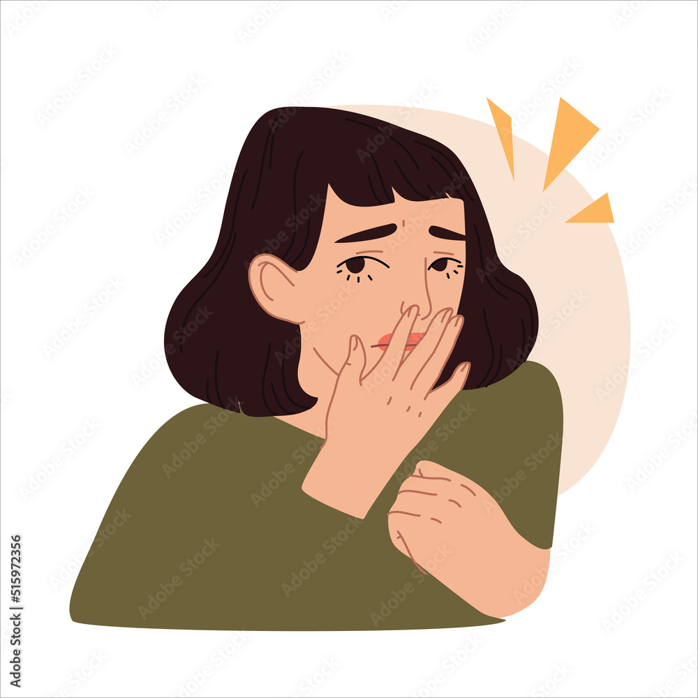 Worried or embarrassed young woman. Sad female character. Sadness, sorrow, regret, mental disorder or llness concept. Vector flat cartoon style illustration. Worried or embarrassed young woman. Sad female character. Sadness, sorrow, regret, mental disorder or llness concept. Vector flat cartoon style illustration.
