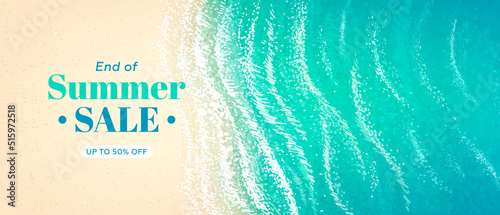 Summer sale horizontal banner. Vector beautiful realistic top view illustration of sandy summer beach