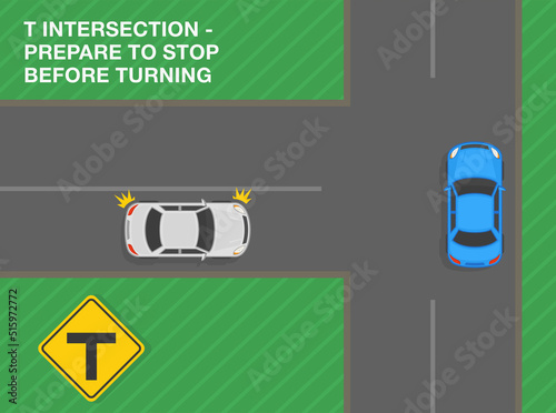 Safe driving tips and traffic regulation rules. T intersection, prepare to stop before turning. Road sign meaning. Top view of a city road. Flat vector illustration template.