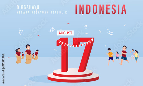 Translation : Happy Independence Day of Indonesia Vector Illustration with Traditional Games of Independence Day. Suitable for Template Poster Banner Design. HUT RI 77