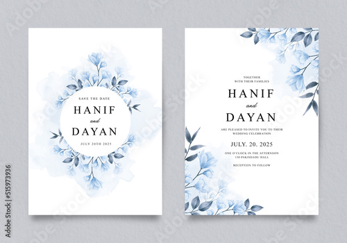 Wedding invitation double sided template set with blue watercolor floral