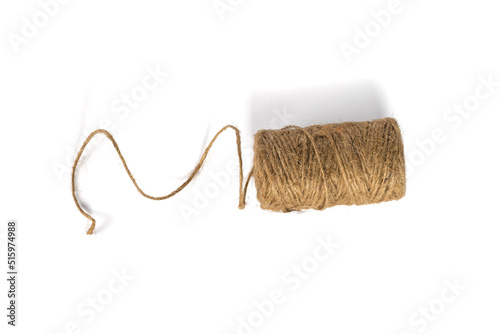 Top view of a skein with an isolated thread on a white background. Flat lay.