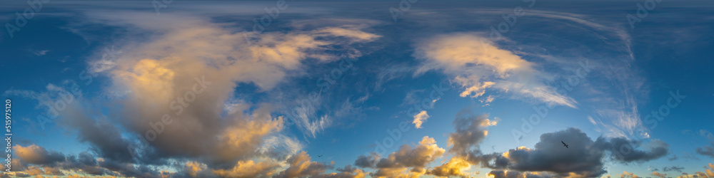 Dark blue sunset sky panorama with Cumulus clouds. Seamless hdr pano in spherical equirectangular format. Complete zenith for 3D visualization, game and sky replacement for aerial drone 360 panoramas.