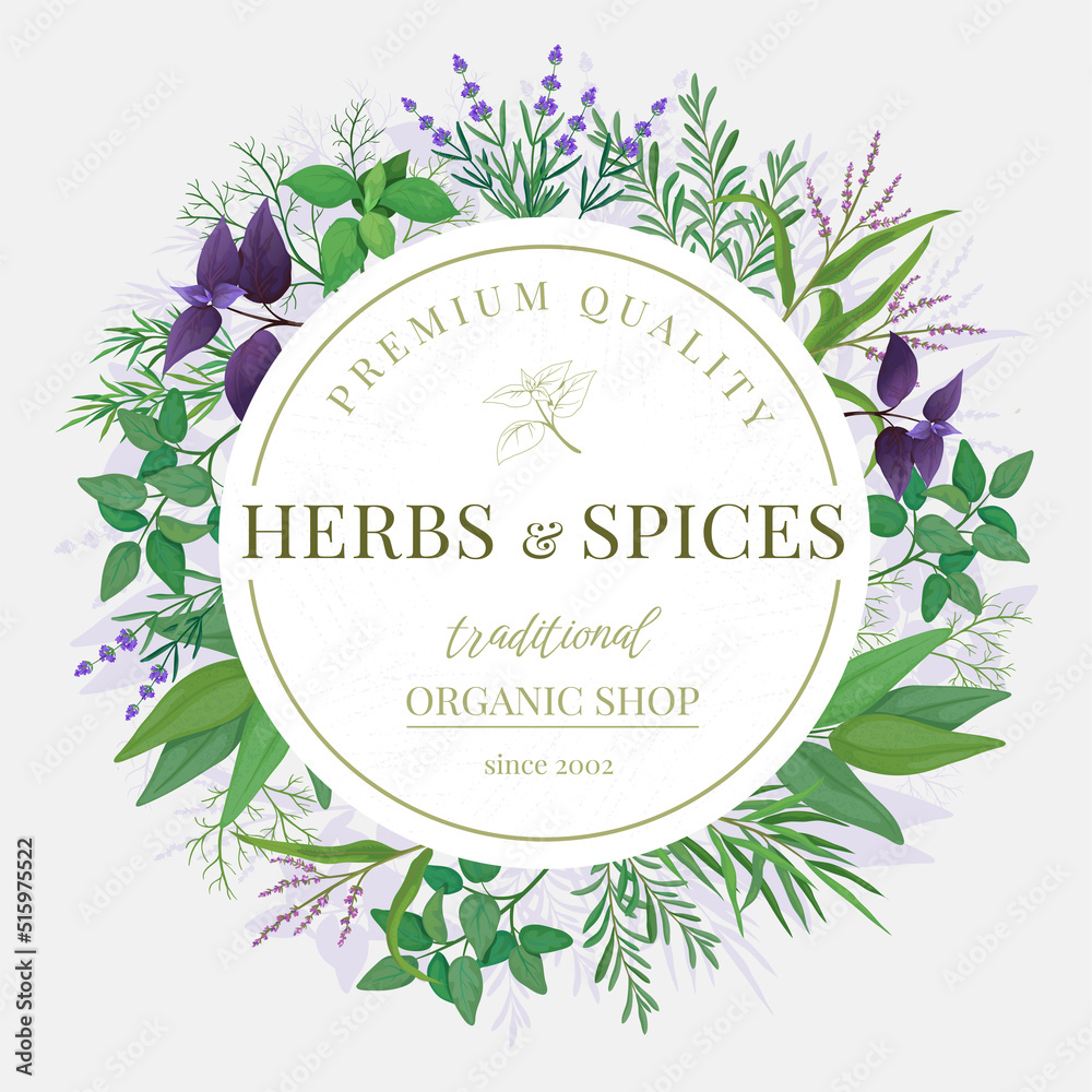 Obraz premium Herbal emblem. Fresh seasoning green spice mint, peppermint and basil. Circle cooking label with sage leaf, organic farm food ingredients. Organic culinary round frame isolated vector set