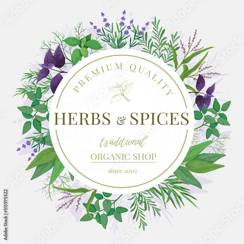 Herbal emblem. Fresh seasoning green spice mint, peppermint and basil. Circle cooking label with sage leaf, organic farm food ingredients. Organic culinary round frame isolated vector set