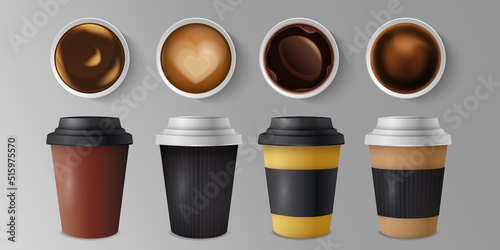 Paper coffee cup. Top and side view of hot cappuccino, americano or latte, craft cardboard mug for shops and cafe. Take away drinks, isolated elements, vector illustration realistic mockup