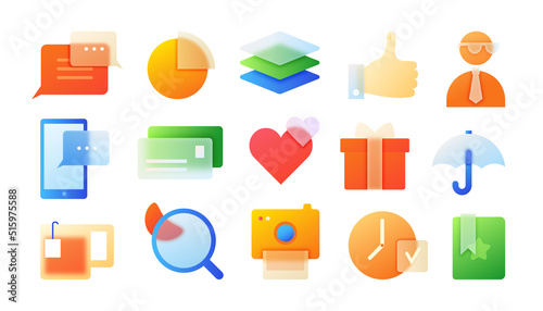 Gradient glass morphism icons. Modern app symbols with blur effect. Colorful and transparent website elements. Interface signs. Digital technology and chatting. Vector illustration set
