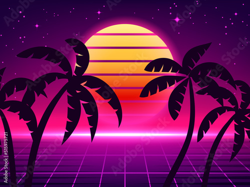 Retro 80s background. Neon sun wave. Sunset and music space. Vintage poster with California beach sky and palms. Flyer for club. Purple sundown. Summer seascape. Vector abstract banner