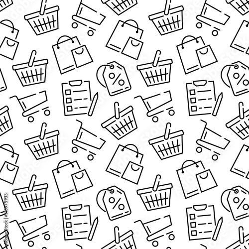 Supermarket pattern. Seamless icon background for shop and commerce. Store cart and basket. Boutique bag. Price tag. Buy list. Line pictograms. Shopping symbols. Vector print design