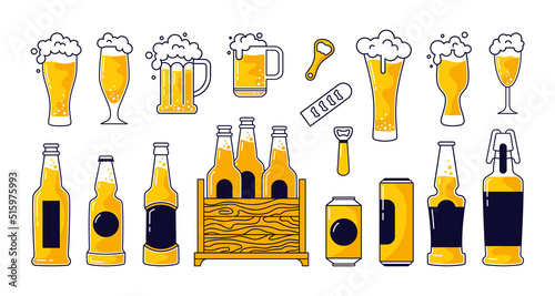 Glass pint of beer. Froth alcohol beverage, doodle mug icons with craft foam barrel or brewery, oktoberfest festival label. Ale and lager, different bottles shapes vector illustration set