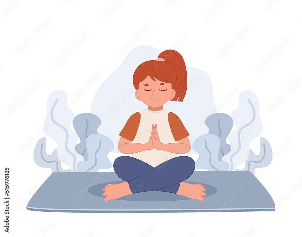 girl meditating in lotus pose.meditation for children.Flat vector cartoon character illustration. girl meditating in lotus pose.meditation for children.Flat vector cartoon character illustration.