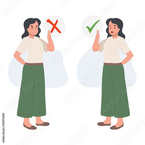 woman holding signboard, Positive and negative signs.true, false,do, don't.flat vector cartoon character illustration.