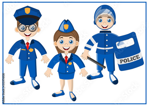 A set of cute cops. Isolated on white background. Vector illustration.