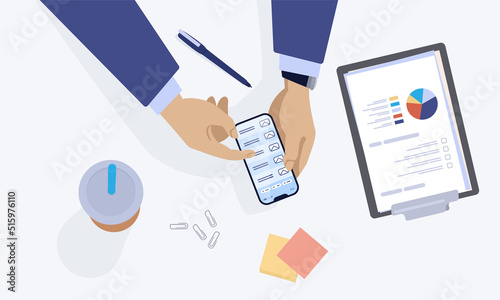 Table top view. Employee workspace. Cartoon man characters working with laptop or tablet. Male hands on desk with drink glass and stationery. Smartphone in arms. Vector office workplace