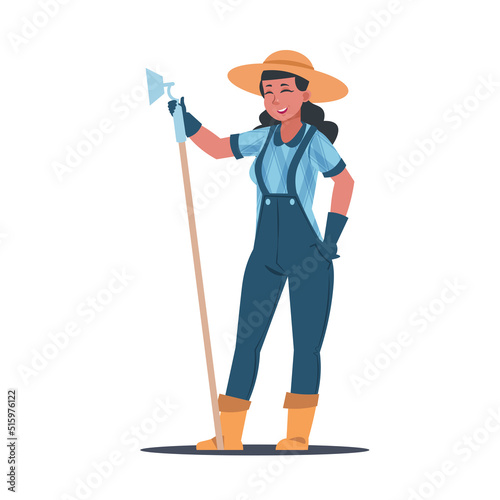 Agricultural work. Cartoon female farmer character hold hoe, working in field, harvesting crops and fruits. Standing woman with gardening tool. Vector rustic family work scene illustration