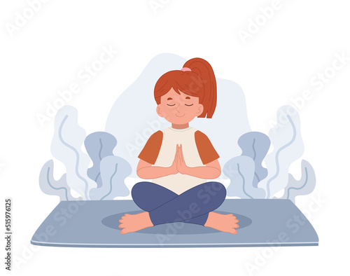 girl meditating in lotus pose.meditation for children.Flat vector cartoon character illustration.