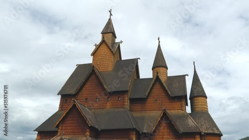 heddal stave church wood cathedral built 1300 century triple nave cloudy sky norway photo