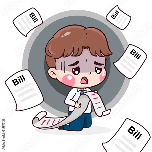 cartoon character business man with debt bills, finance concept, flat illustration vector