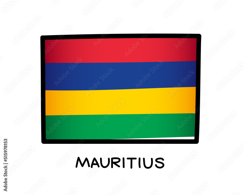Flag of Mauritius. Colorful logo of the Mauritian flag. Red, blue, yellow and green brush strokes drawn by hand. Black outline. Vector illustration Flag of Mauritius. Colorful logo of the Mauritian flag. Red, blue, yellow and green brush strokes drawn by hand. Black outline. Vector illustration