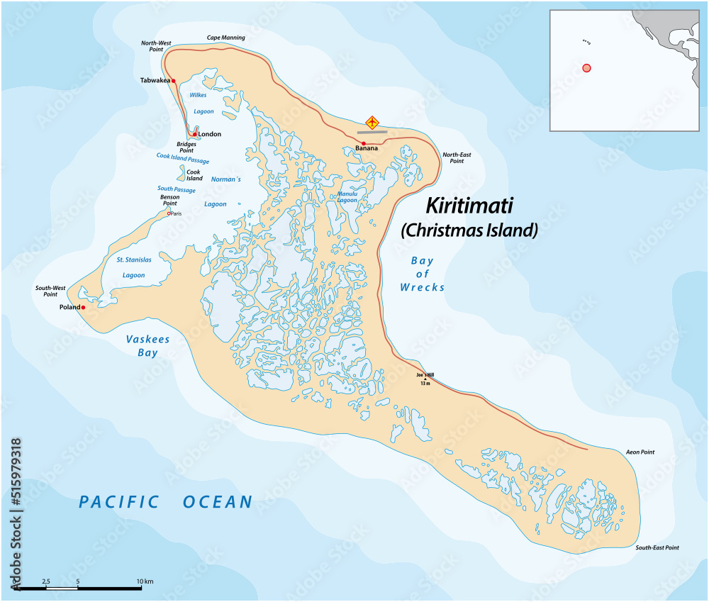 Vector map of Kiritimati Island, an atoll belonging to Kiribati Stock