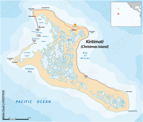 Vector map of Kiritimati Island, an atoll belonging to Kiribati
