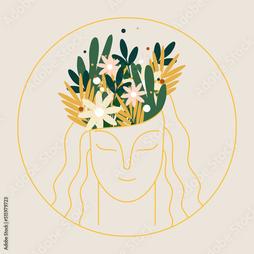 The concept of a conscious woman. Esotericism, imagination and fantasy. Inner peace and balance. Cartoon flat vector illustration