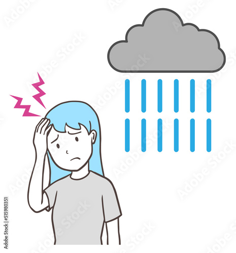 雨の日に頭痛になる女性、低気圧頭痛、天気痛、シンプル