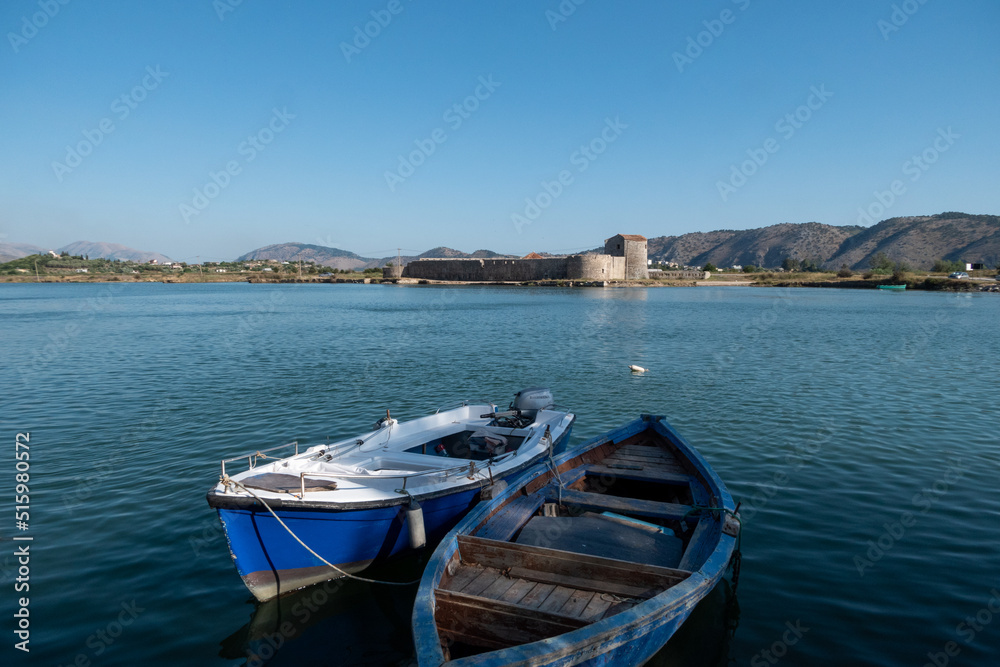 Ksamil, Albania, A view over Lake Butrint and the Venetian Triangle Castle.